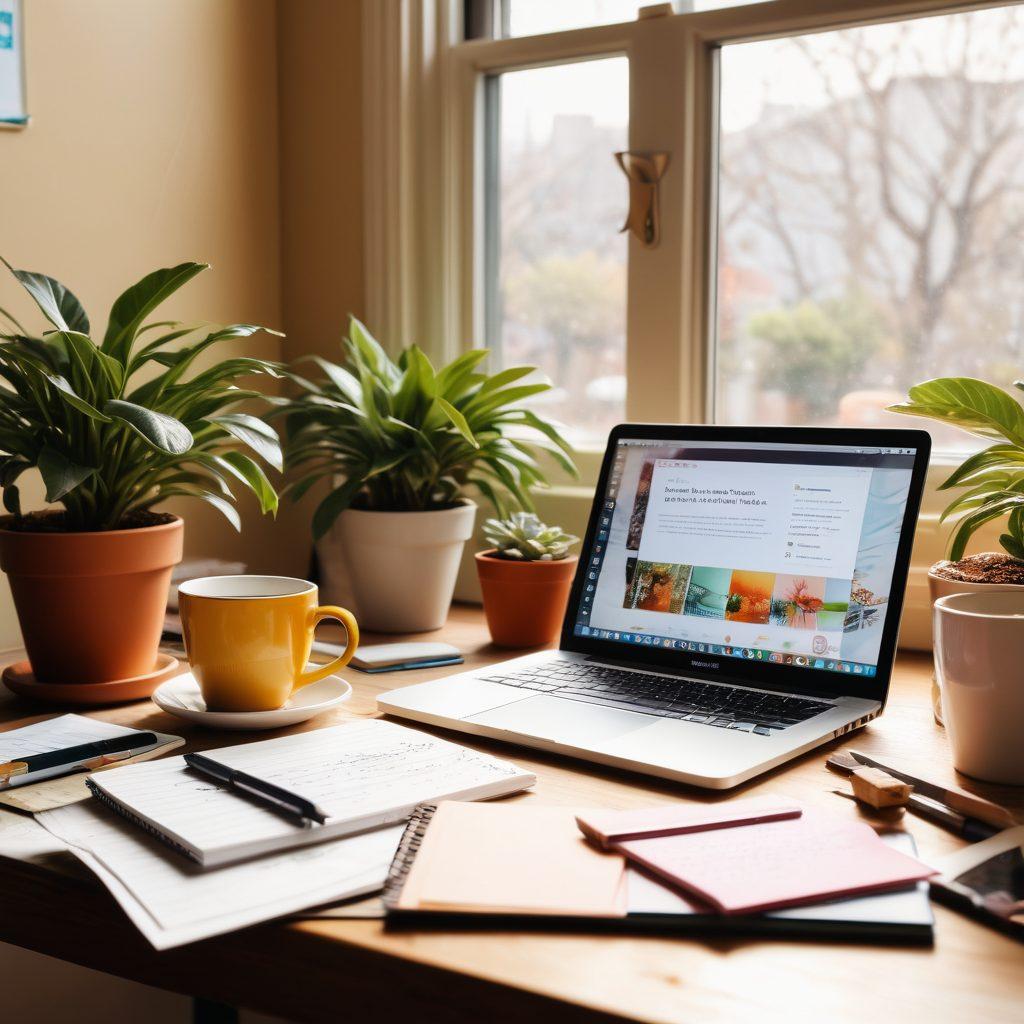 A cozy workspace with a laptop open to a blogging platform, surrounded by notepads filled with handwritten notes and colorful pens. There's a steaming cup of coffee beside the laptop, and sunlight filters through a large window, casting warm light on the wooden desk. Add a cheerful plant in the background to convey creativity and inspiration. super-realistic. warm colors. bright and inviting atmosphere.