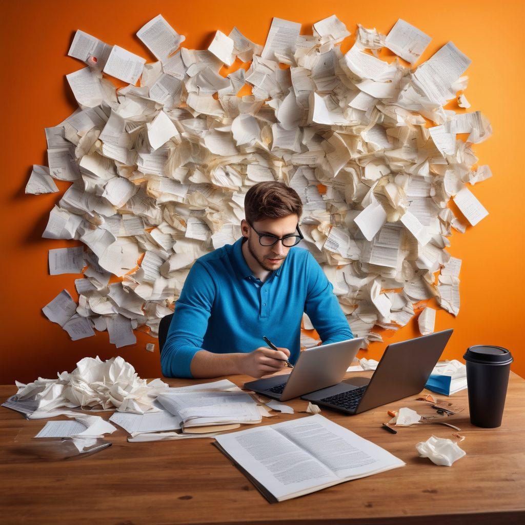 A split image showcasing a novice writer on one side, surrounded by crumpled papers and a laptop displaying a blank document, transitioning to the expert side with a confident writer, several completed manuscripts, and an illuminated screen showing engaging social media interactions. Enhance the scene with books, coffee cups, and inspirational quotes in the background. super-realistic. vibrant colors. 3D.