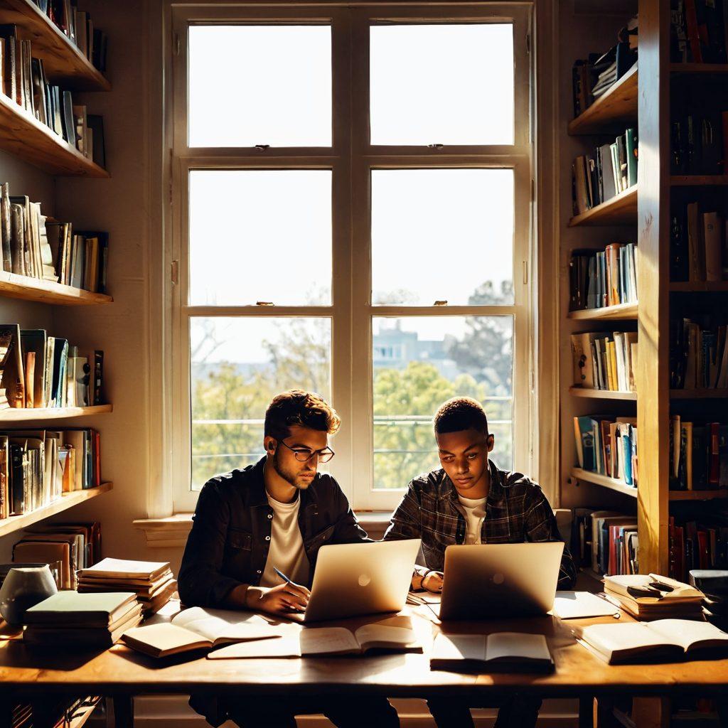A person sitting at a wooden desk, surrounded by notebooks and a laptop, deep in thought while typing. The background features a vibrant bookshelf filled with books on writing and creativity. Soft sunlight filters through a window, casting a warm glow on the scene. Include floating lightbulbs above their head symbolizing ideas, and a gentle breeze rustling papers. super-realistic. vibrant colors. warm lighting.